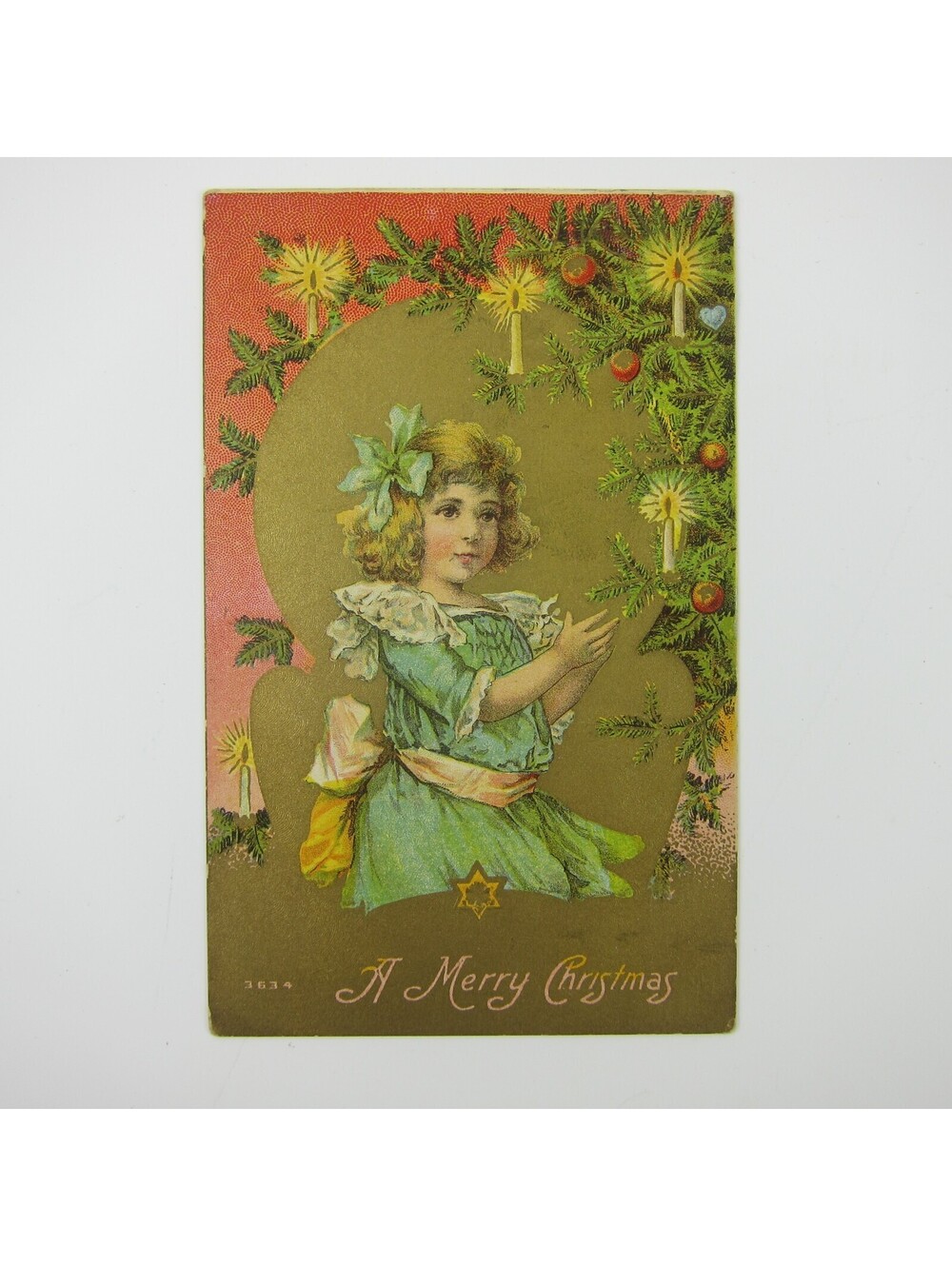 Vintage Christmas Postcard Victorian Girl Tree Candles Gold Embossed Antique